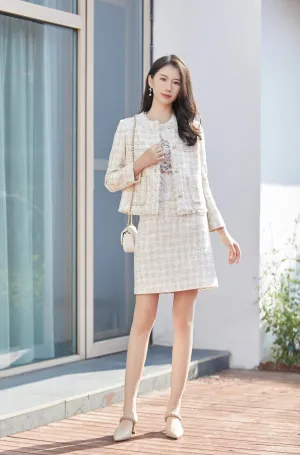 Beige Tweed Plaid Check Short Jacket