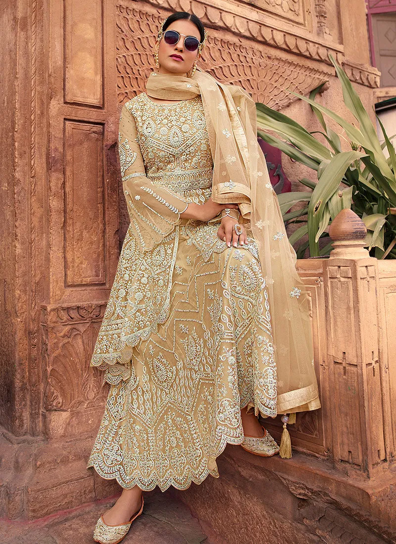 Beige White Embroidered Designer Gharara Suit