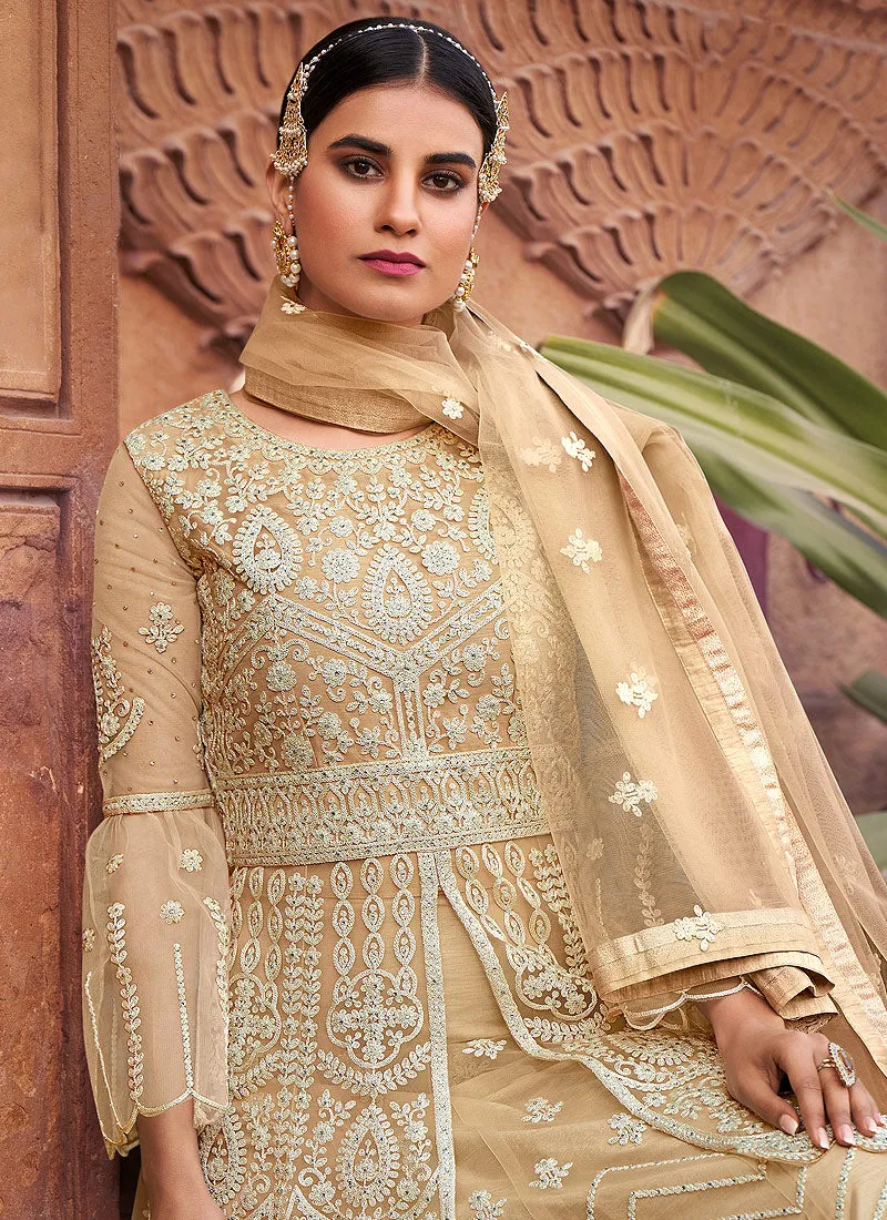 Beige White Embroidered Designer Gharara Suit