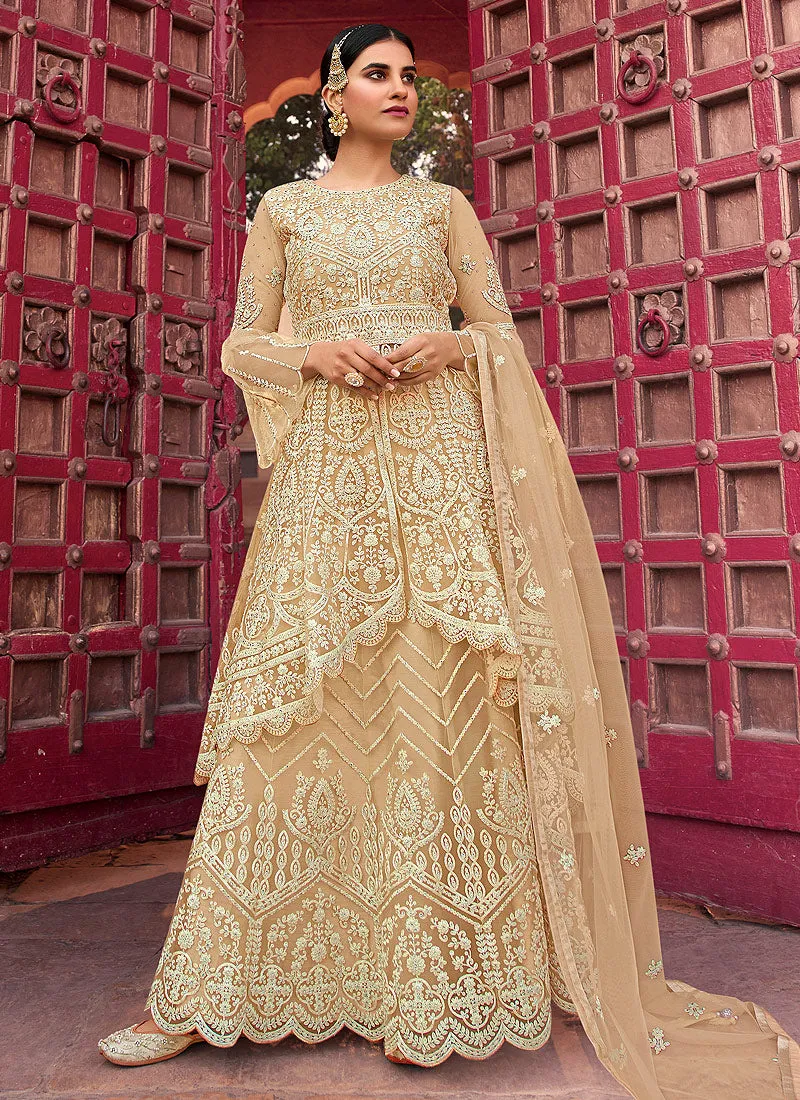 Beige White Embroidered Designer Gharara Suit