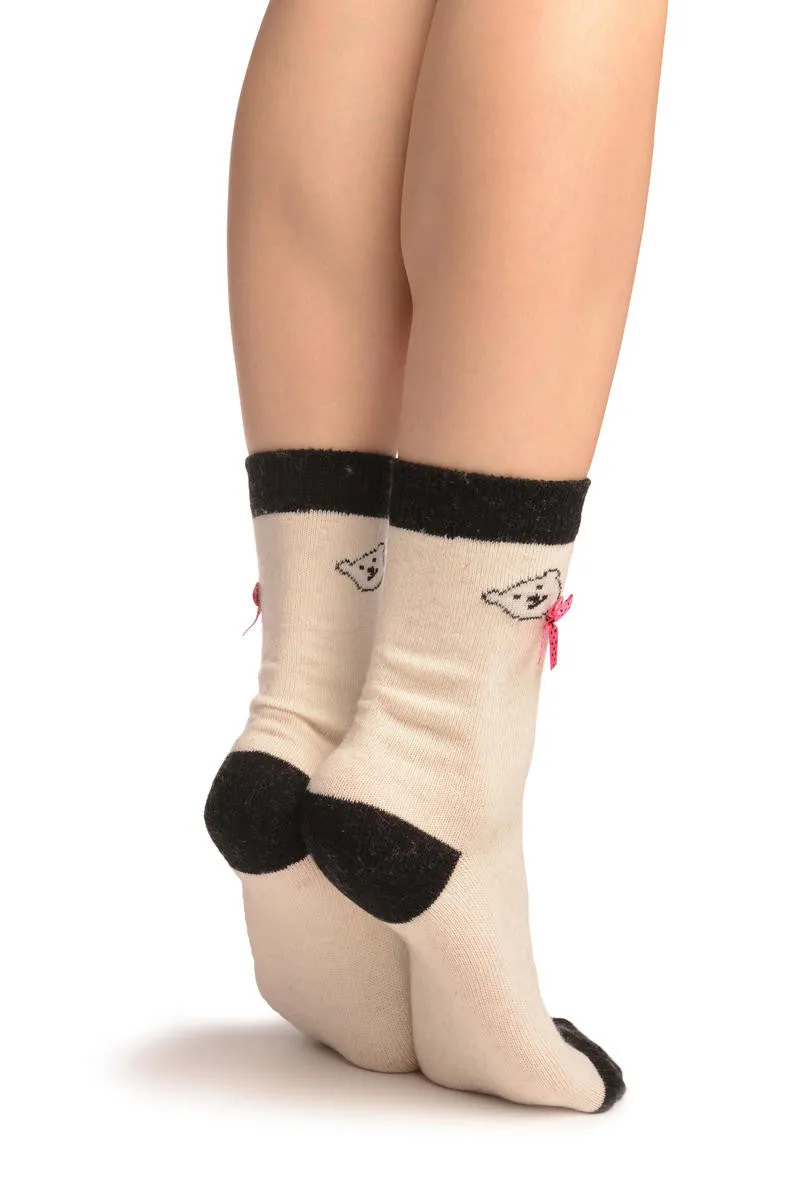 Beige With Cute Bear & Satin Bow Angora Ankle High Socks