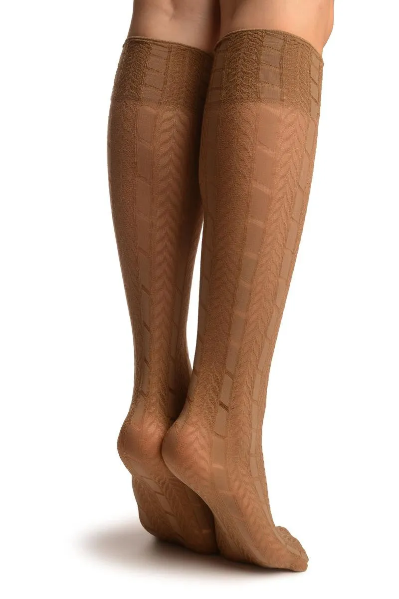 Beige With Woven Chevrons Socks Knee High