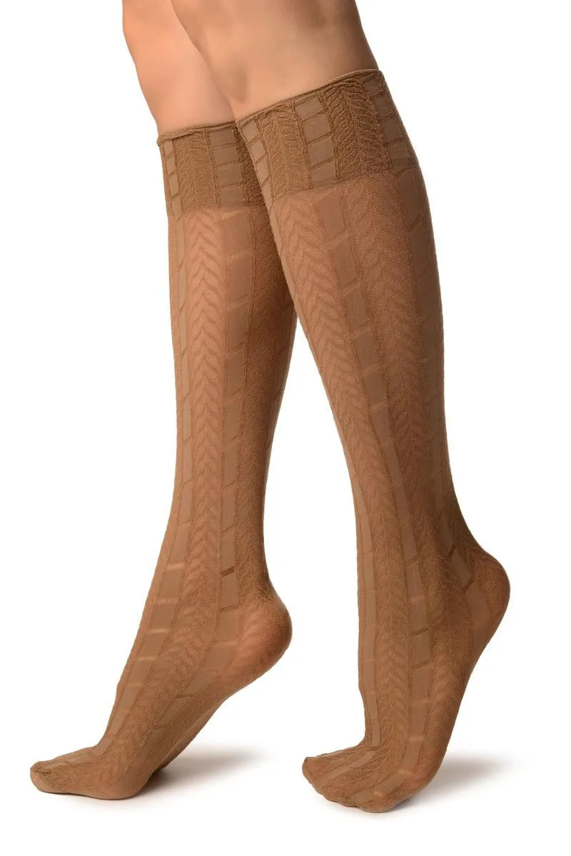 Beige With Woven Chevrons Socks Knee High