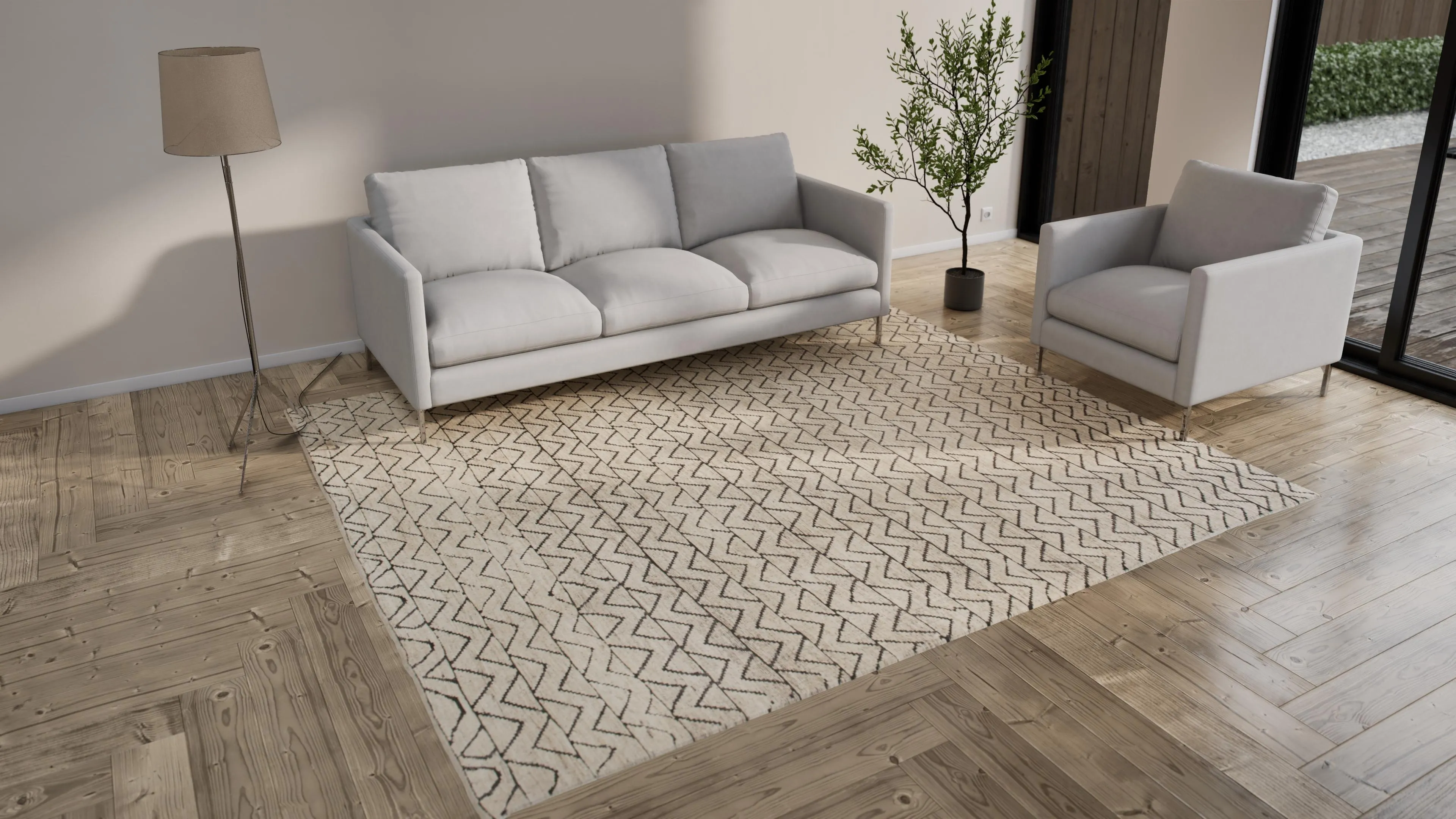 Beige Zameen Geometric Wool Rug - 8'4" x 9'8"