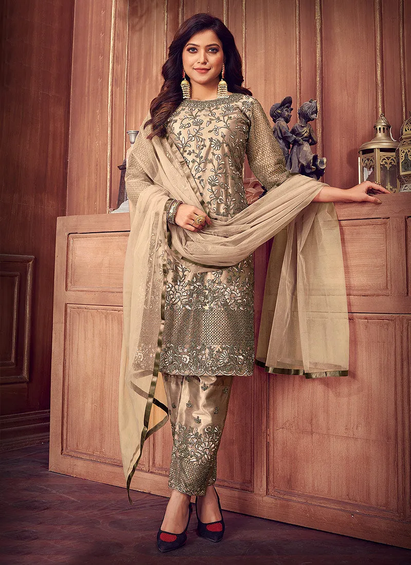 Beige Zari Embroidered Traditional Pant Suit