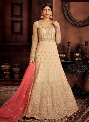 Beige Zari Embroidered Wedding Anarkali Suit