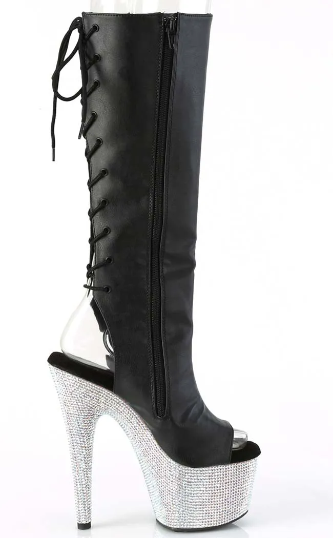 BEJEWELED-2018-7 Black & Silver Rhinestone Knee Boots