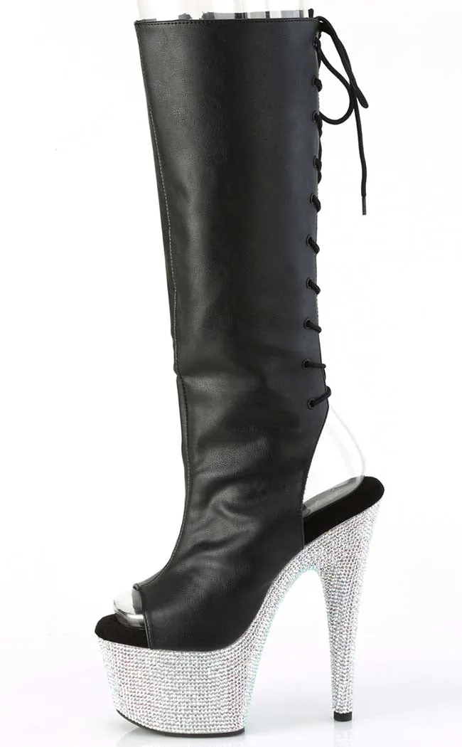 BEJEWELED-2018-7 Black & Silver Rhinestone Knee Boots