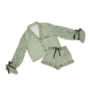 BEL Green & White Striped Bow Satin Pajama Set