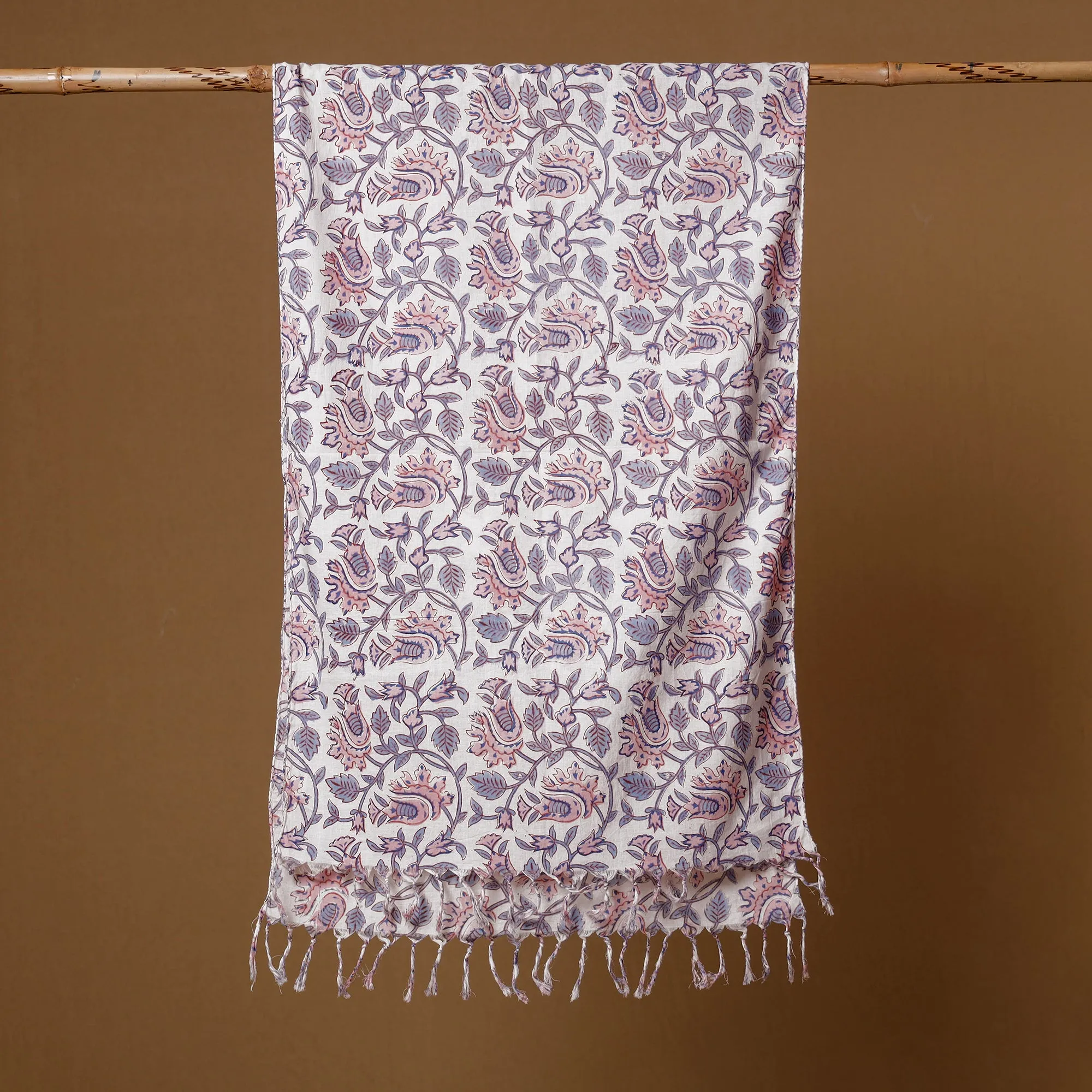 Bel Pink & White Sanganeri Block Printed Cotton Stoles With Tassels