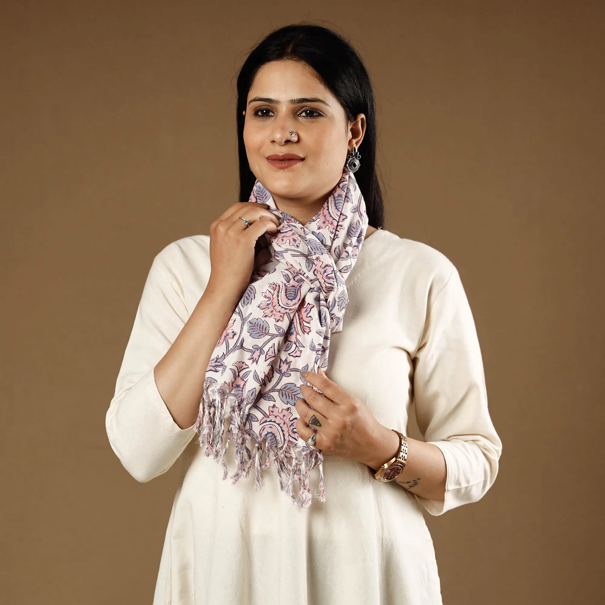 Bel Pink & White Sanganeri Block Printed Cotton Stoles With Tassels