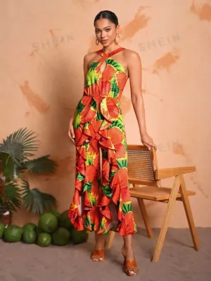 BELANGE HANDMADE X SHEIN - Full Print Halter Neck Wide Leg Jumpsuit With Slit And Ruffle Hem- Available on SHEIN.COM Only