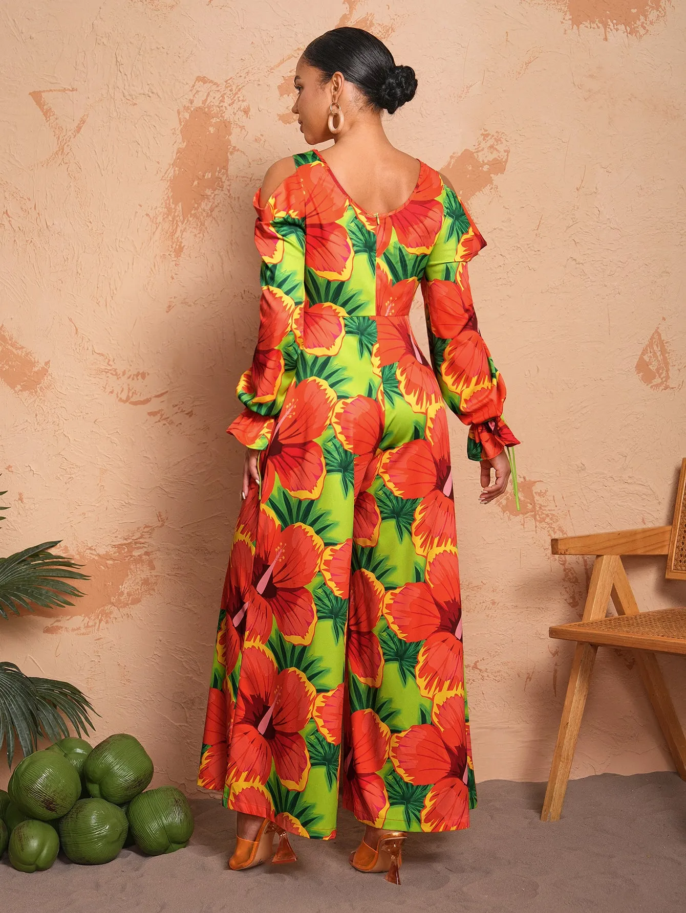 BELANGE HANDMADE X SHEIN - Vacation Style V Neck Floral Print Wide Leg Jumpsuit With Flared Sleeves And Cut-Out Shoulders- Available on SHEIN.COM Only