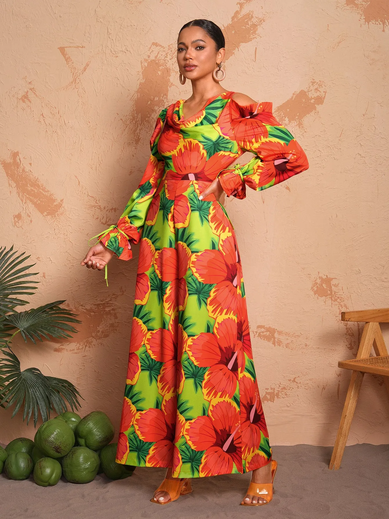 BELANGE HANDMADE X SHEIN - Vacation Style V Neck Floral Print Wide Leg Jumpsuit With Flared Sleeves And Cut-Out Shoulders- Available on SHEIN.COM Only