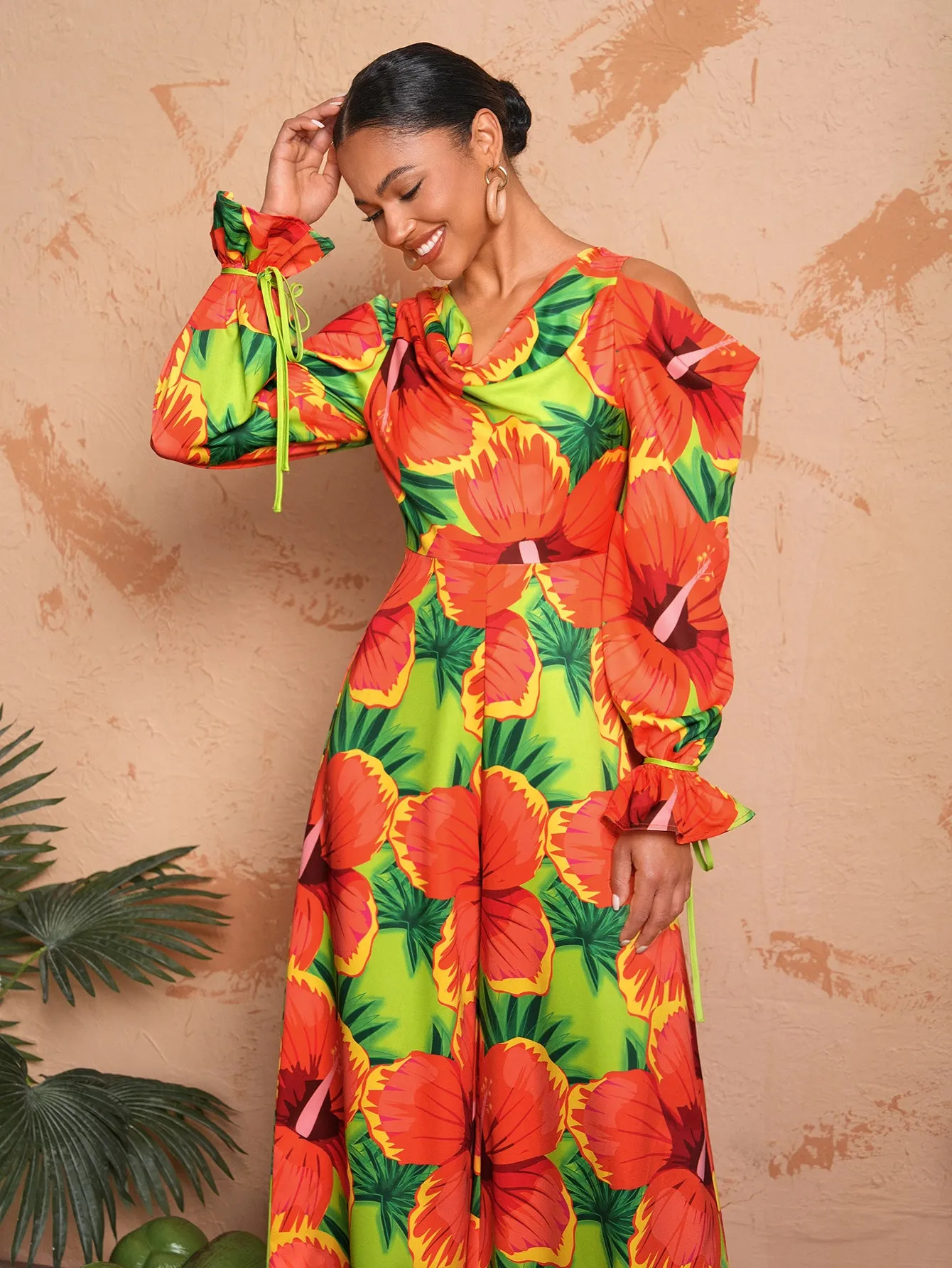 BELANGE HANDMADE X SHEIN - Vacation Style V Neck Floral Print Wide Leg Jumpsuit With Flared Sleeves And Cut-Out Shoulders- Available on SHEIN.COM Only