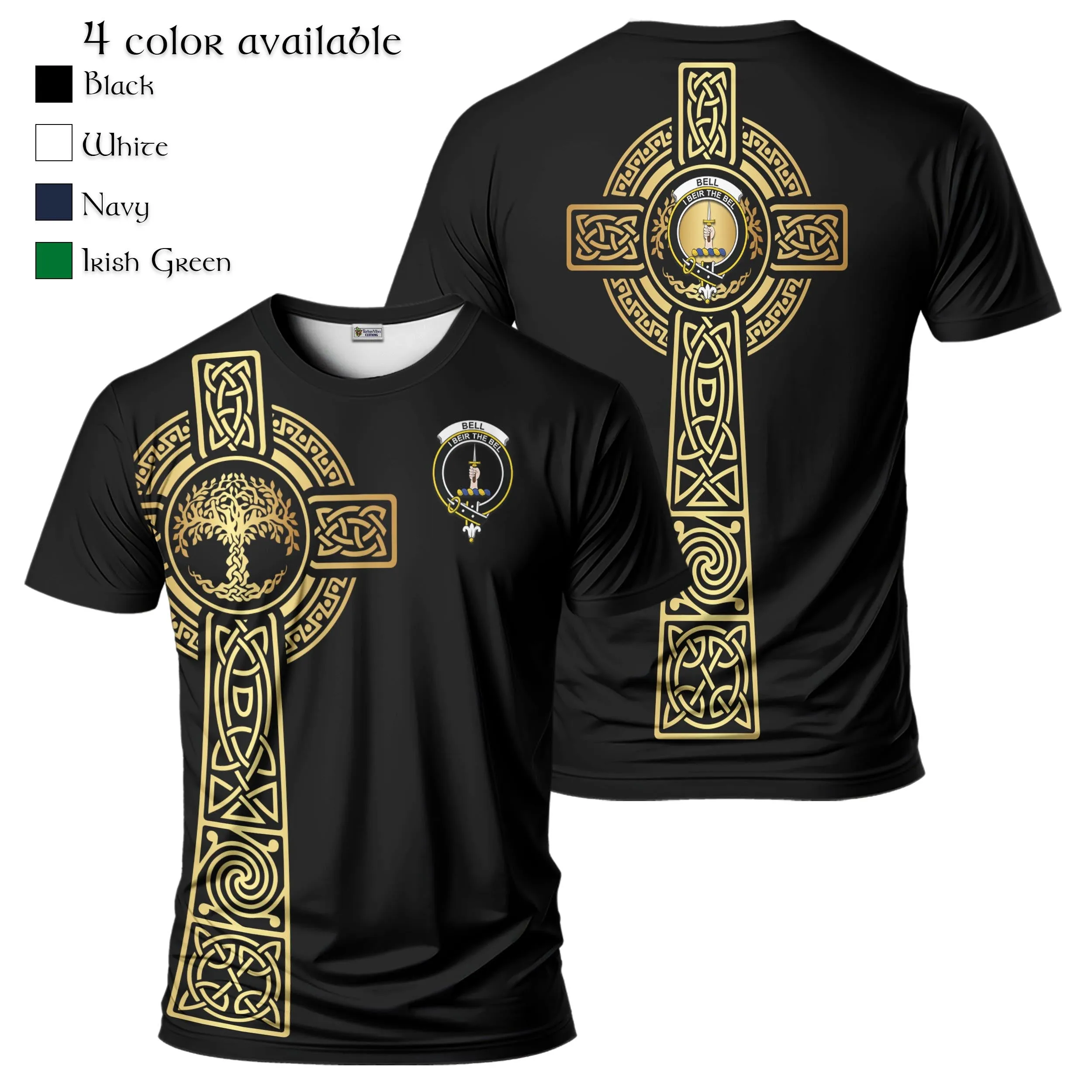 Bell Clan Mens T-Shirt with Golden Celtic Tree Of Life