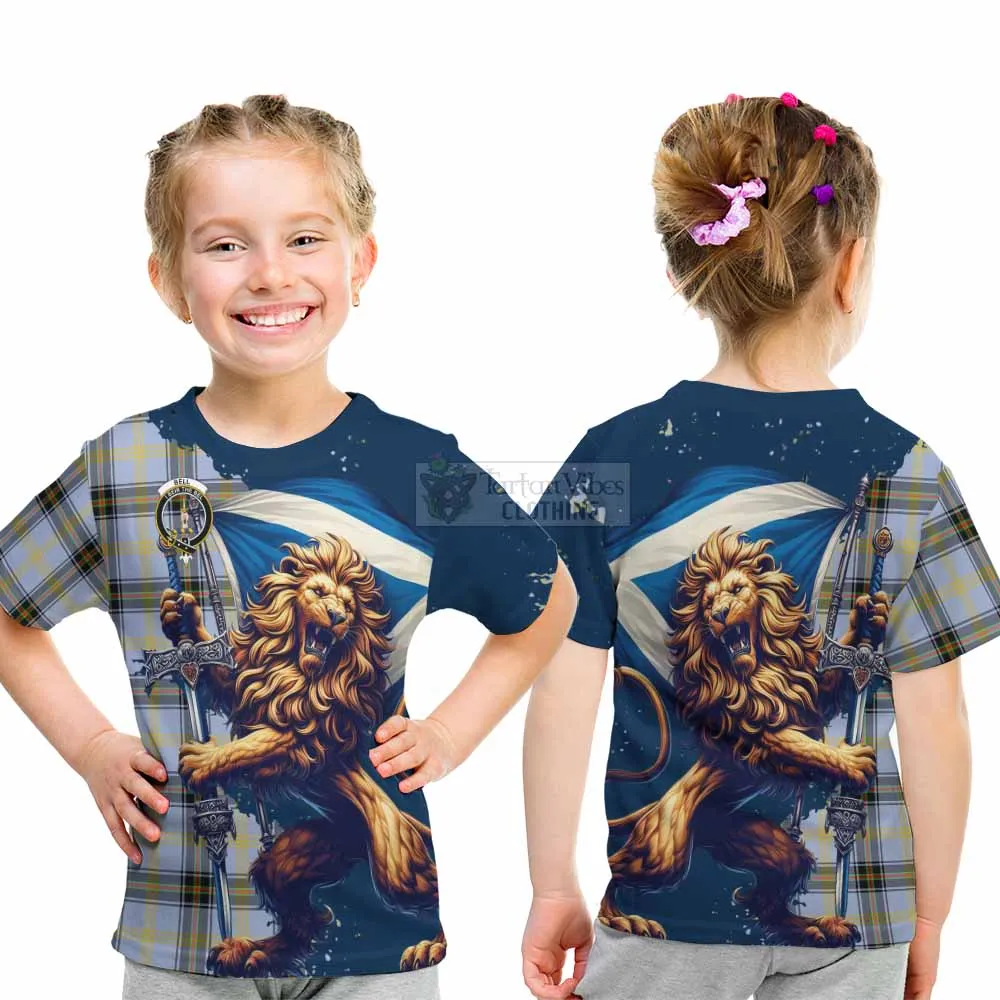 Bell Tartan Family Crest Kid T-Shirt with Scottish Majestic Lion