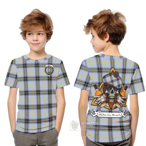 Bell Tartan Kid T-Shirt with Family Crest and Bearded Skull Holding Bottles of Whiskey