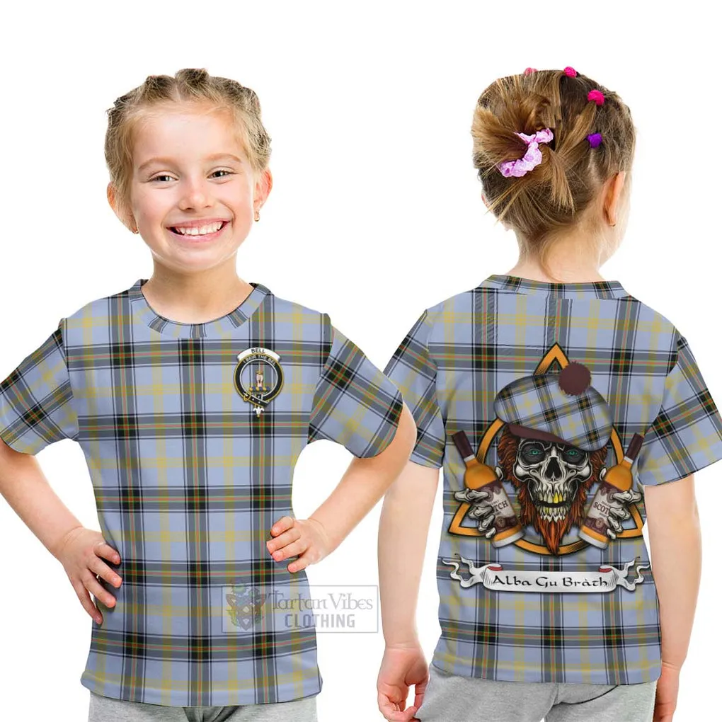 Bell Tartan Kid T-Shirt with Family Crest and Bearded Skull Holding Bottles of Whiskey