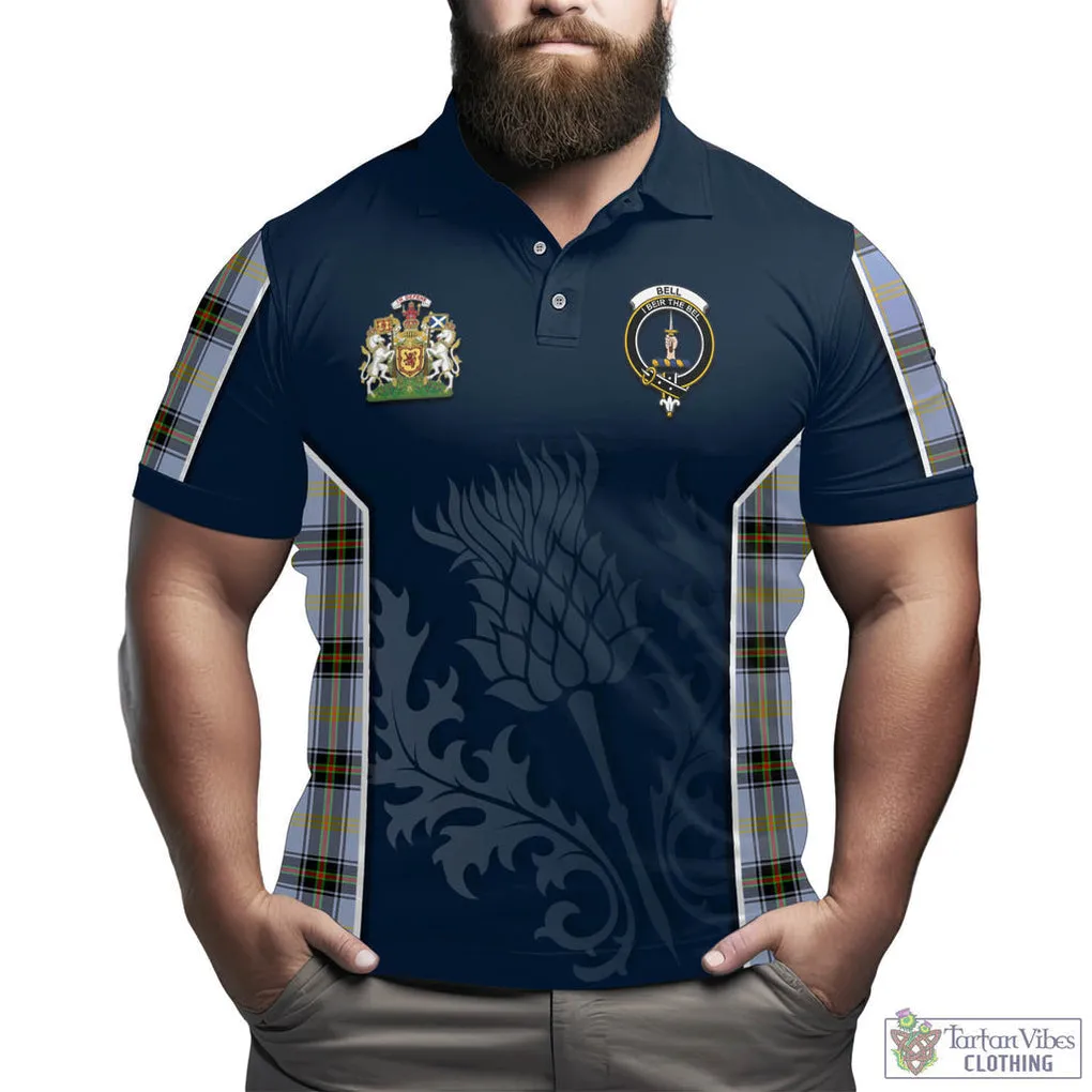 Bell Tartan Men's Polo Shirt with Family Crest and Scottish Thistle Vibes Sport Style