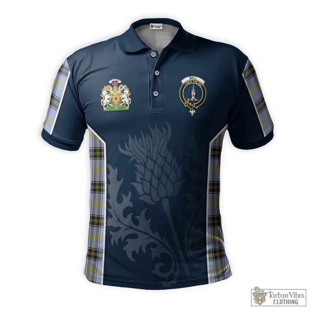 Bell Tartan Men's Polo Shirt with Family Crest and Scottish Thistle Vibes Sport Style