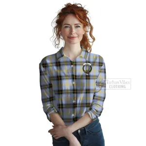 Bell Tartan Women's Casual Shirt with Family Crest and Bearded Skull Holding Bottles of Whiskey