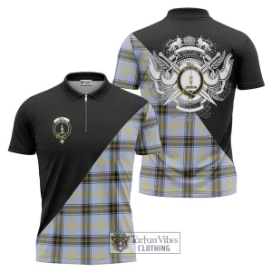 Bell Tartan Zipper Polo Shirt with Family Crest and Military Logo Style