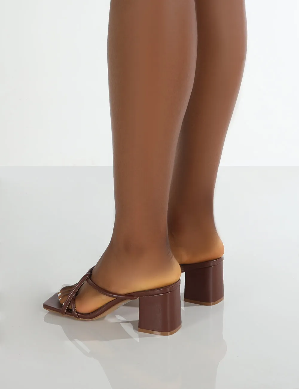 Belle Choc PU Cross Strap Mule Block Heels