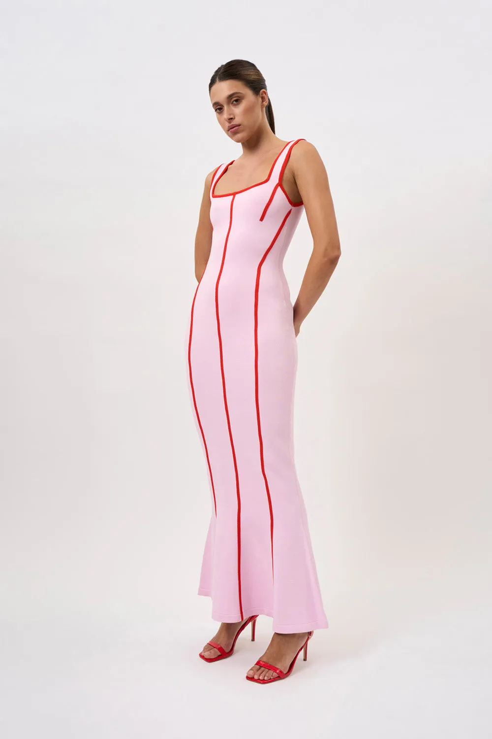 Belle Contrast Pipe Knit Dress - Pink Red