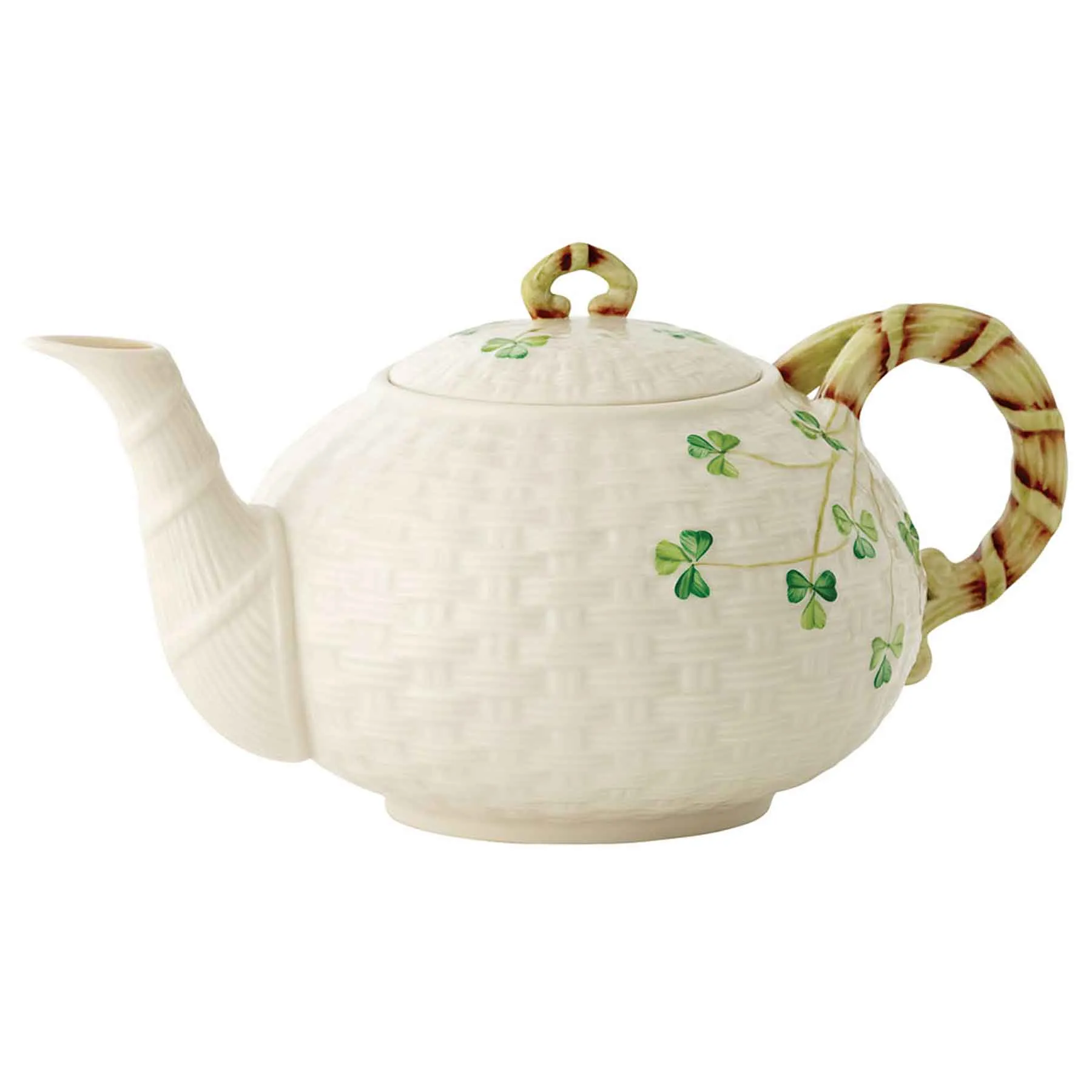 Belleek Basket Weave Shamrock Teapot