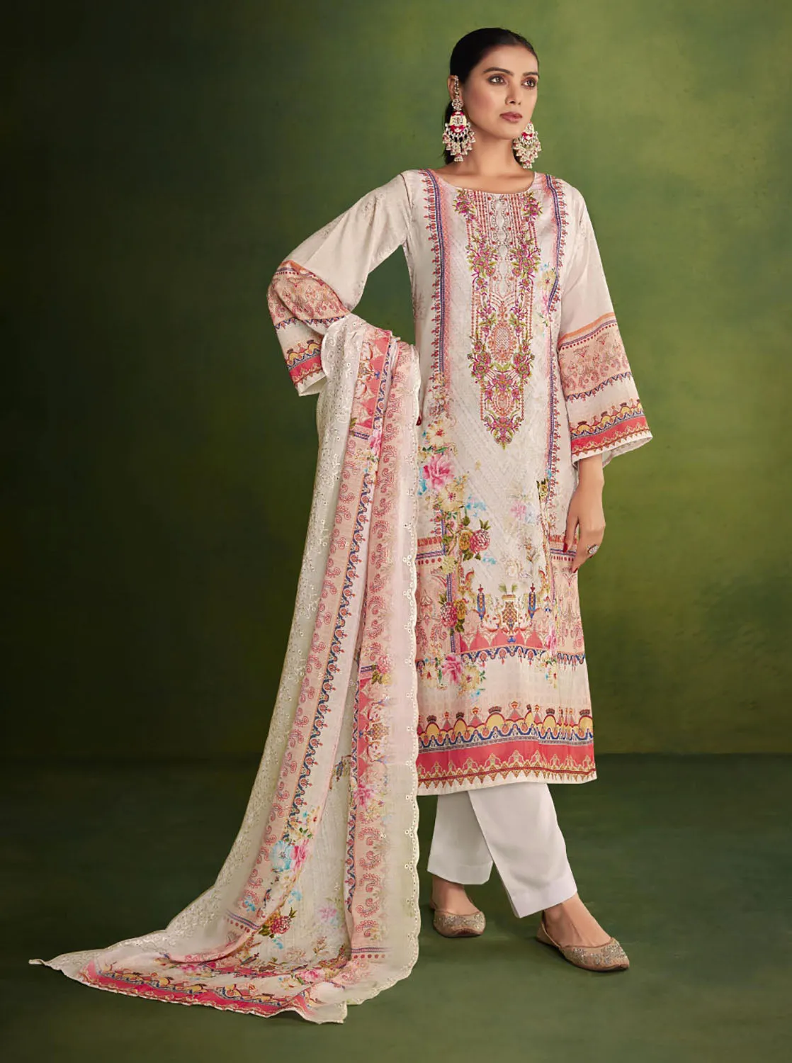 Belliza Cream Cotton Pakistani Print Unstitched Women Suit Material