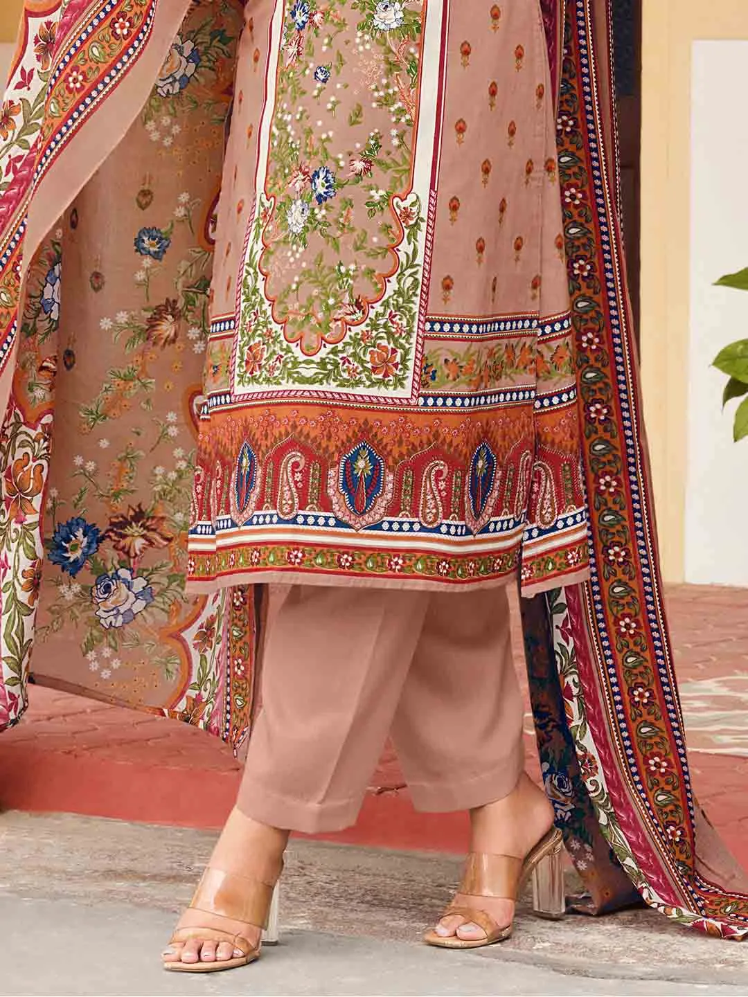 Belliza Pakistani Print Beige Unstitched Women Cotton Suit Material