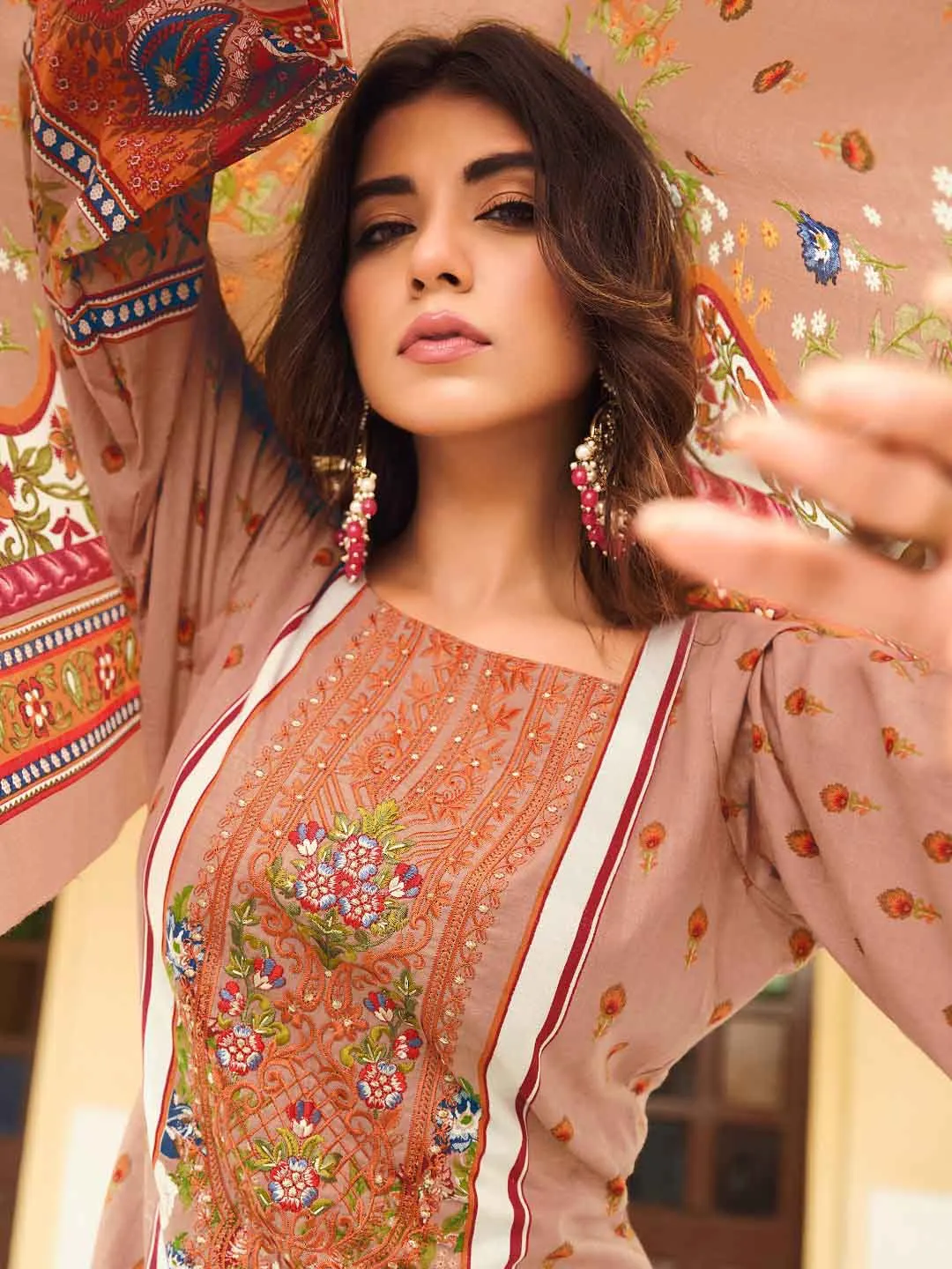 Belliza Pakistani Print Beige Unstitched Women Cotton Suit Material