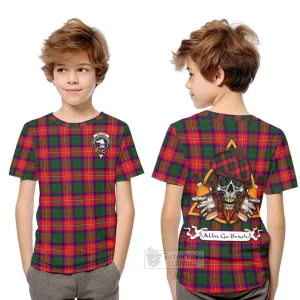 Belshes (Belsches) Tartan Kid T-Shirt with Family Crest and Bearded Skull Holding Bottles of Whiskey