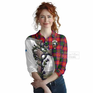 Belshes (Belsches) Tartan Women's Casual Shirt with Family Crest and St. Andrew's Cross Accented by Thistle Vines