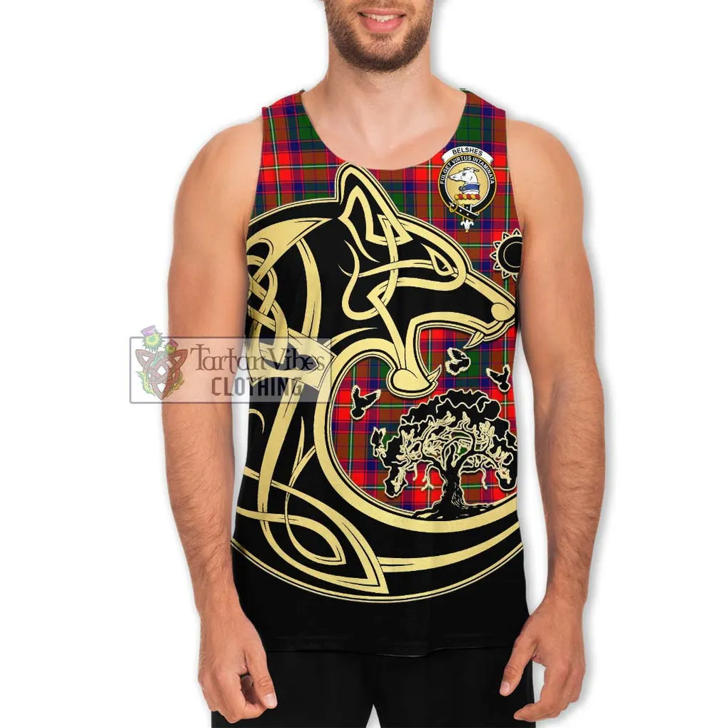 Belshes Tartan Men's Tank Top with Family Crest Celtic Wolf Style