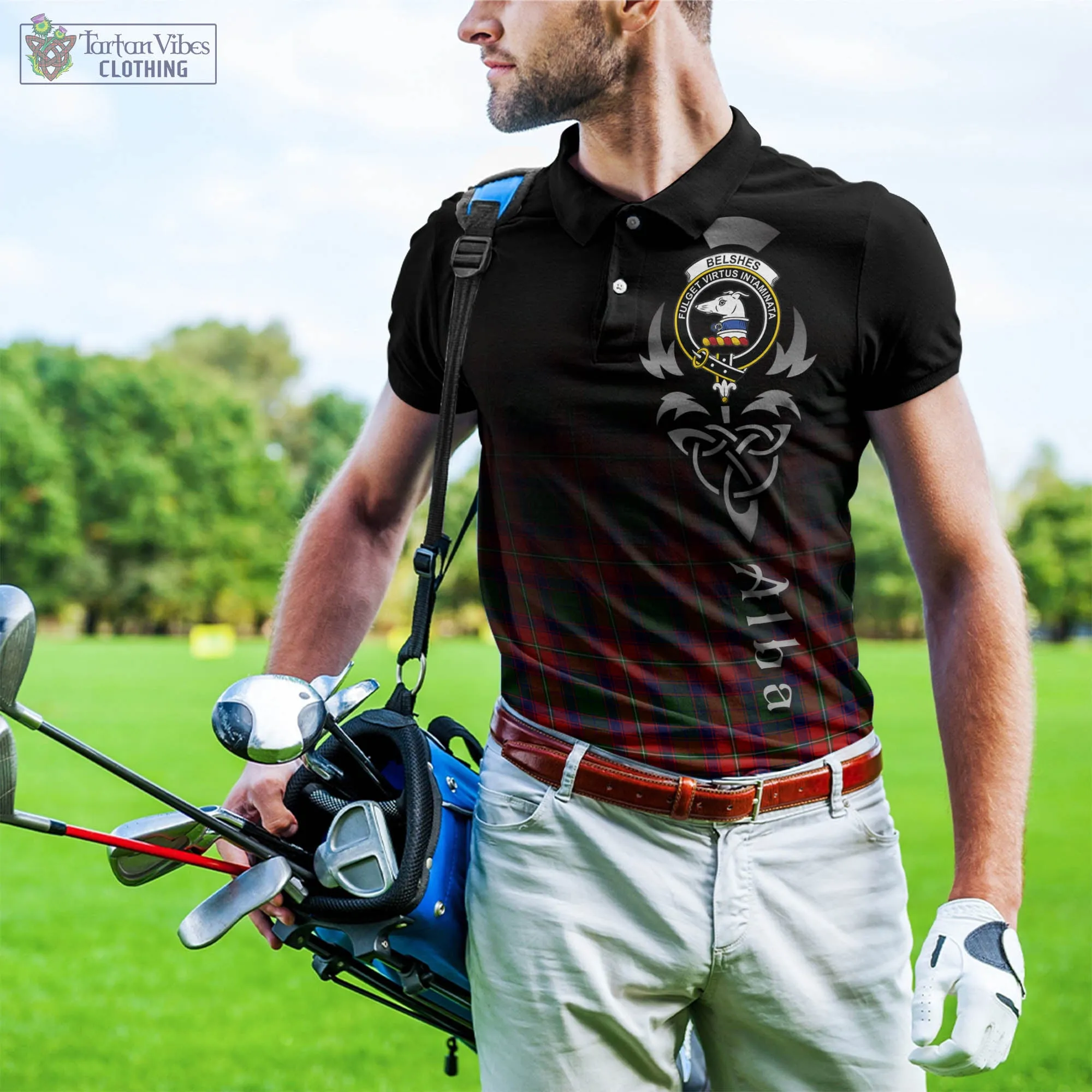 Belshes Tartan Polo Shirt Featuring Alba Gu Brath Family Crest Celtic Inspired