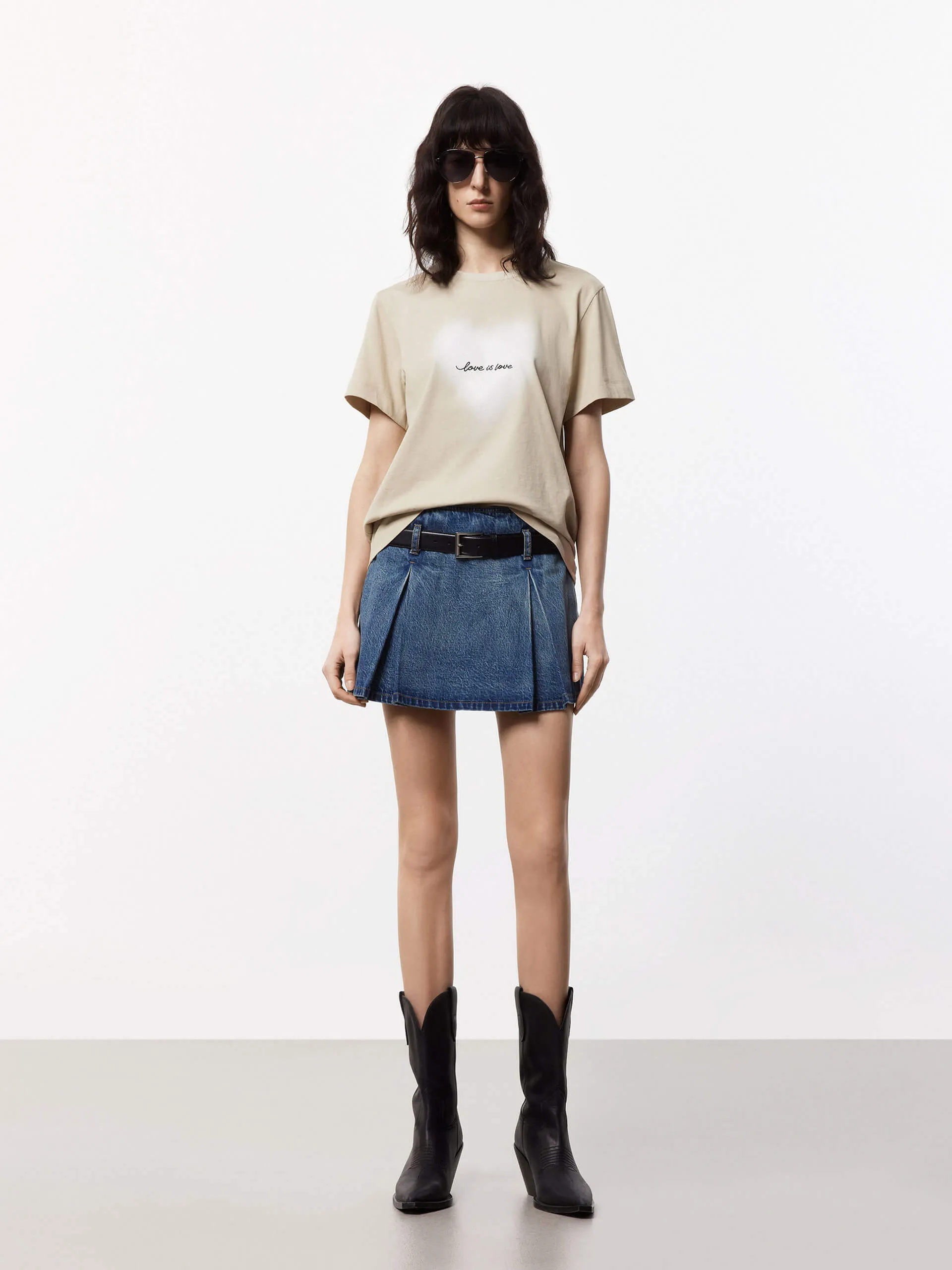 Belt Pleated Denim Skort