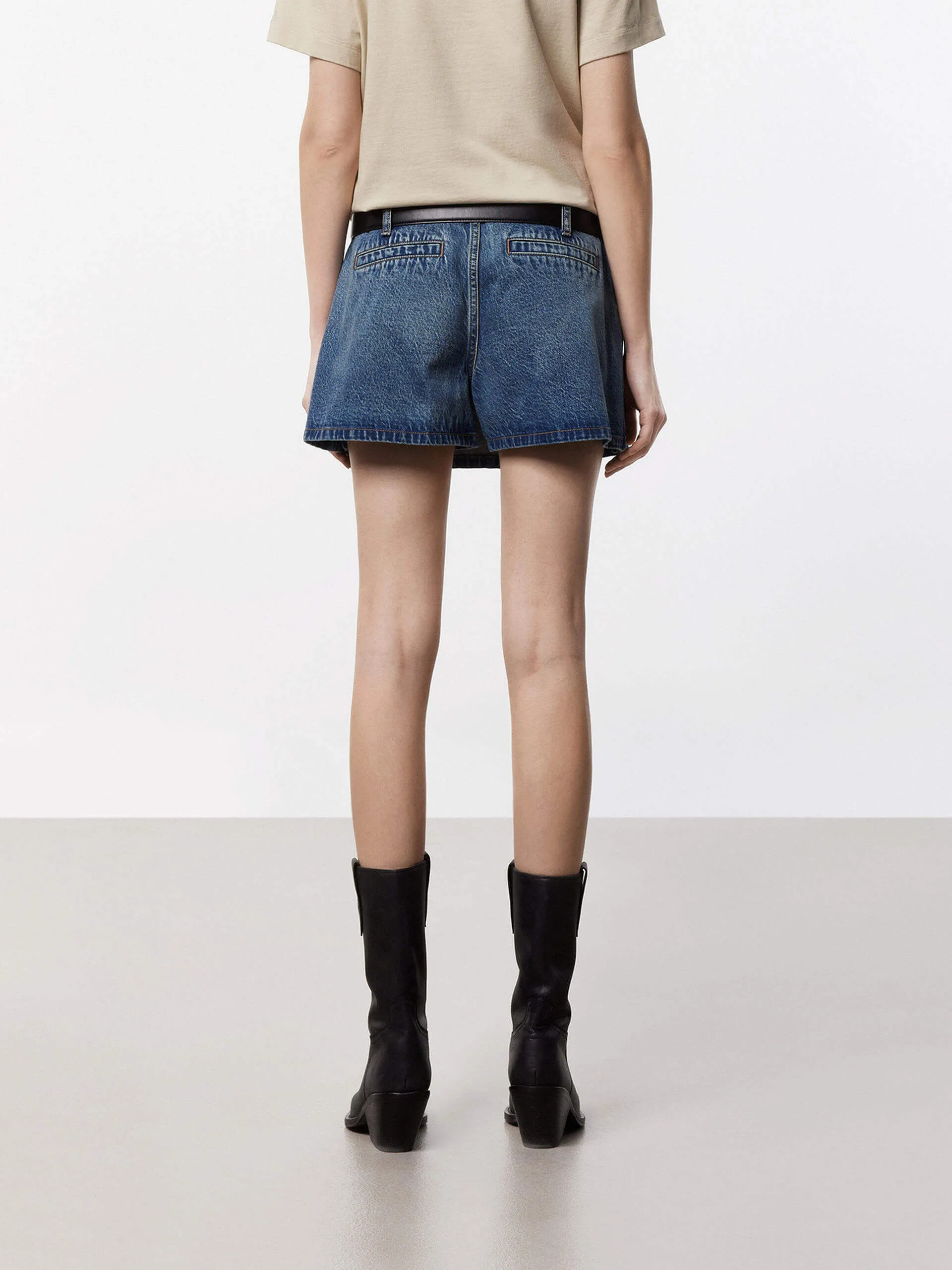 Belt Pleated Denim Skort