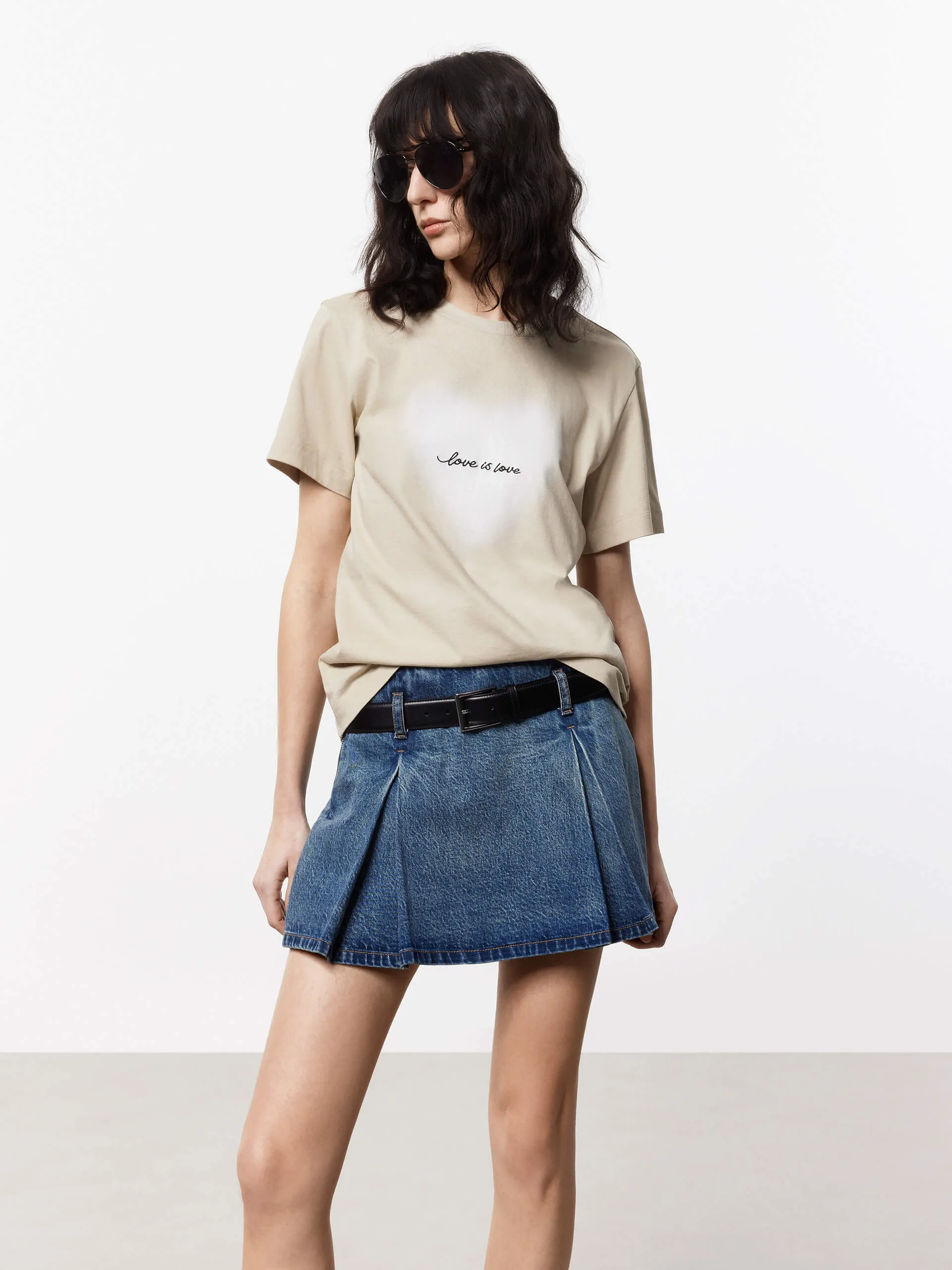 Belt Pleated Denim Skort