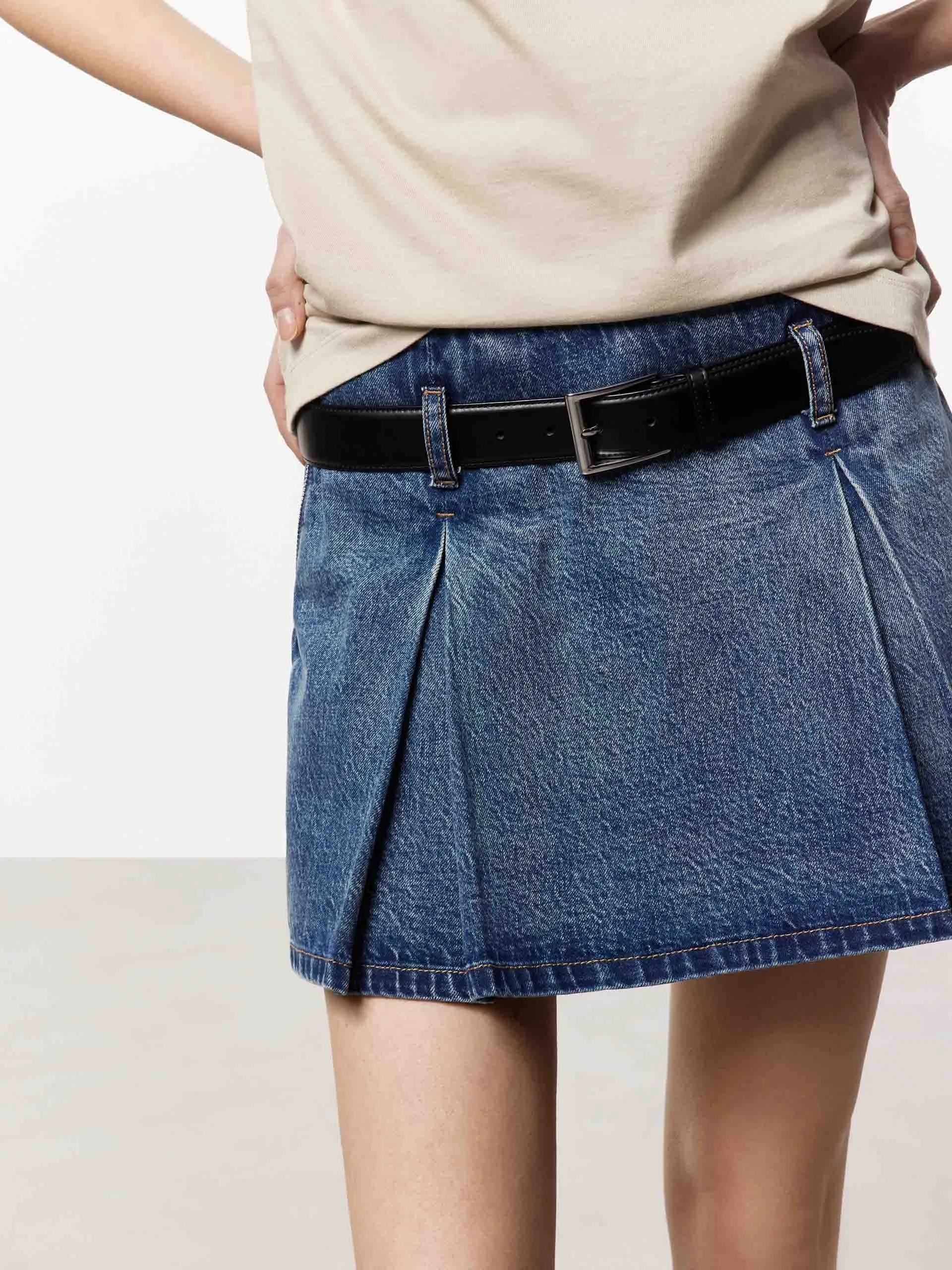 Belt Pleated Denim Skort