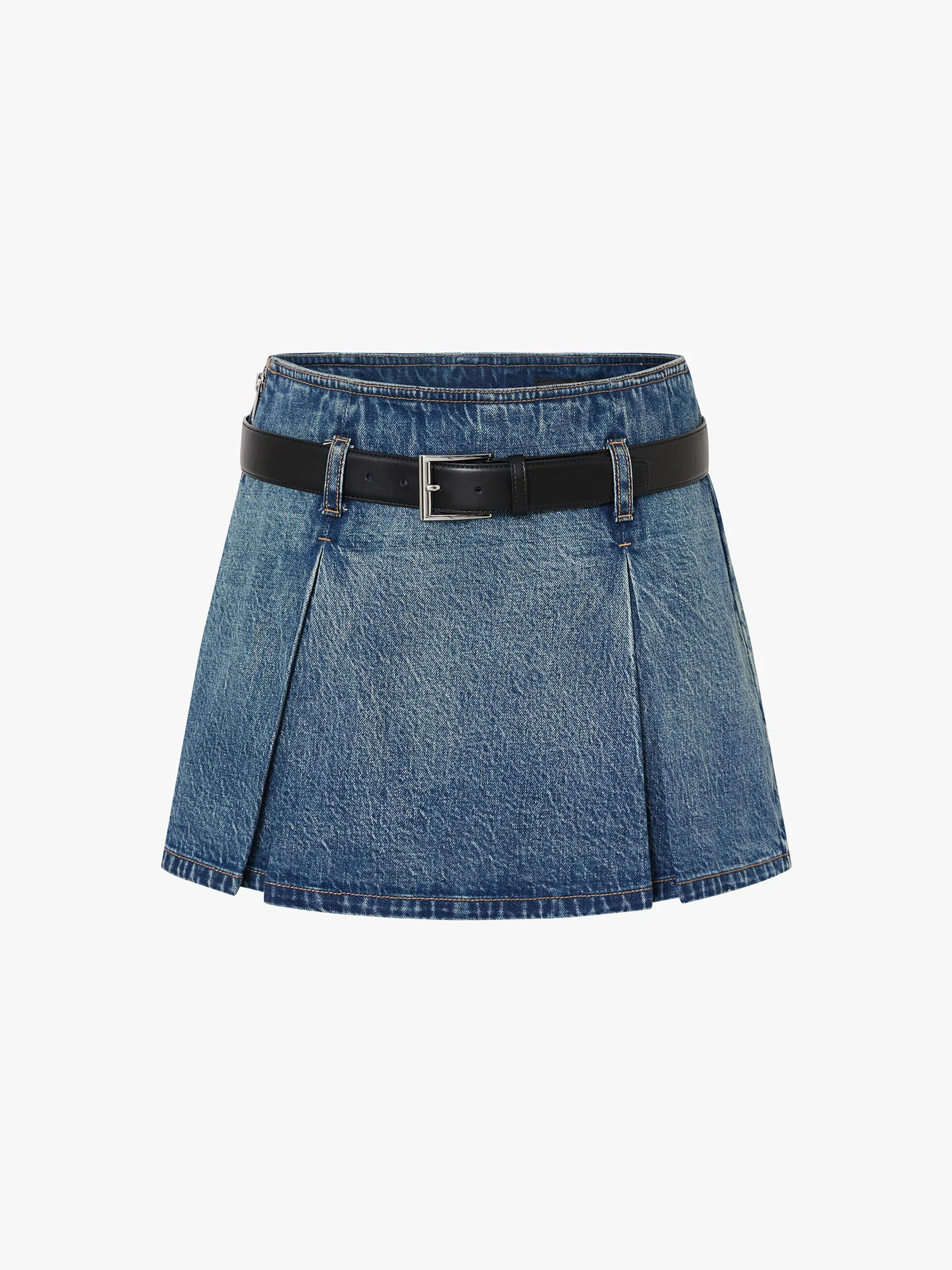 Belt Pleated Denim Skort