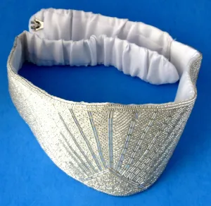 Belt White Satin Beaded Belt Vintage Sunrise Adjustable Silver Crystal Beads 1970s