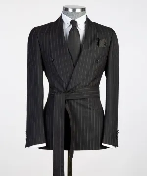 Belted Black Striped Suit