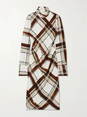 Belted checked crepe turtleneck midi dress