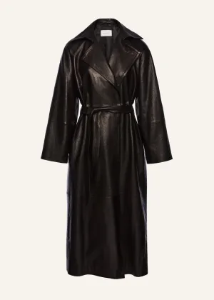 Belted leather wrap coat in black