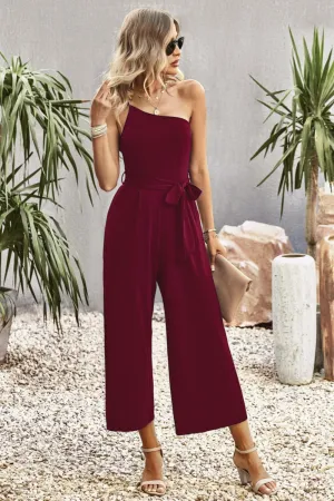 Belted One Shoulder Wide Leg Jumpsuit