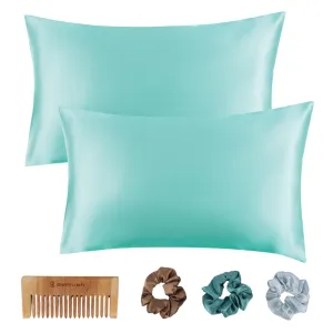 BePlush Solid Satin Pillow Cover Set For Hair And Skin|With 3 Piece Satin Scrunchies For Women&1 Wooden Comb|Luxurious Haircare Combo/Gift Box|2 Silk Pillow Covers (Envelope Closure,Aqua Blue),400 TC