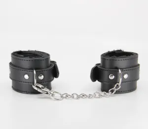 Berlin Baby Faux fur lined vegan leatherette adjustable wrist restraints with detachable chain join Black and Silver