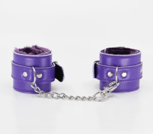 Berlin Baby Faux fur lined vegan leatherette adjustable wrist restraints with detachable chain join Purple and Silver Handcuffs